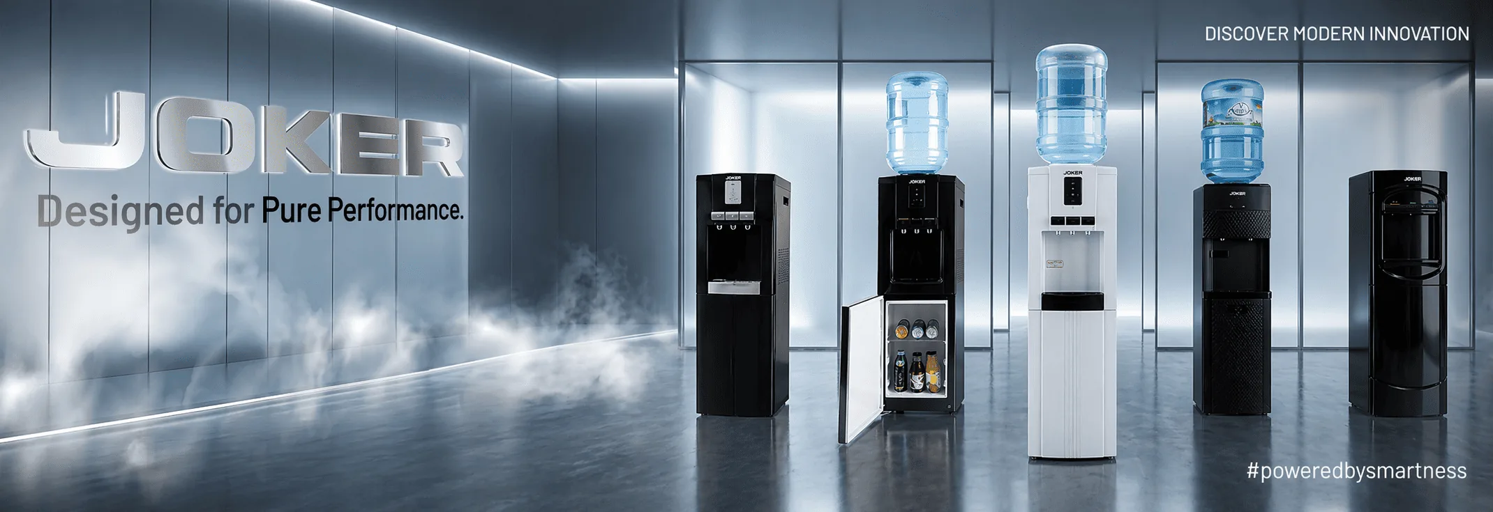 Fontaines à eau Joker, avec les textes « Designed for Pure Performance », « Discover modern innovation » et #poweredbysmartness