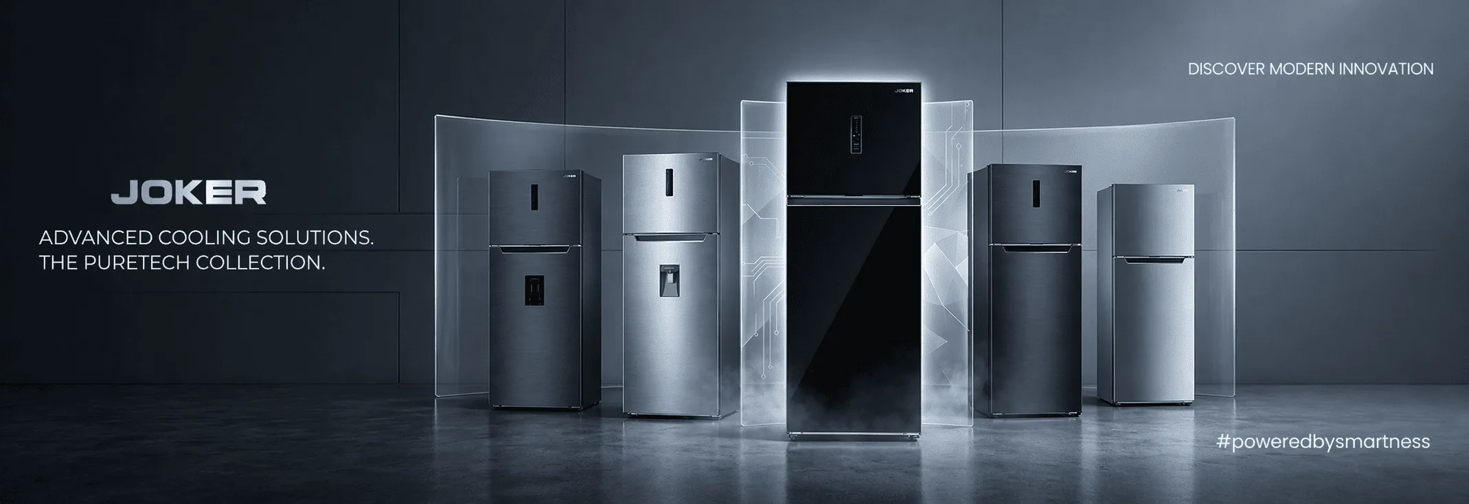 Réfrigérateurs Joker, collection Puretech, avec les textes « Advanced cooling solutions. The Puretech collection. » et #poweredbysmartness