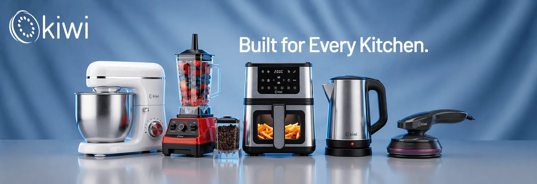 Robot pâtissier, blender, friteuse à air, bouilloire et appareil de massage Kiwi, avec le texte « Built for Every Kitchen. »